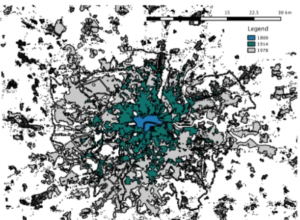 FIG. 1: Evolution of the built-up area of London from 1800 to 1978 (the color-code indicates the age from blue to grey).