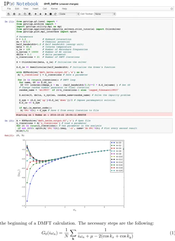 Figure 2: Screenshot of an IPython notebook executing a DMFT loop using the CT-INT solver.