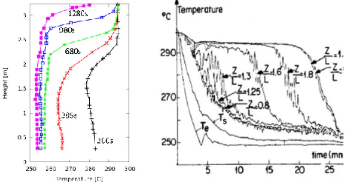 Fig. 4: Transient experiment; variation of vertical  temperature profiles with time (left) and local temperature 