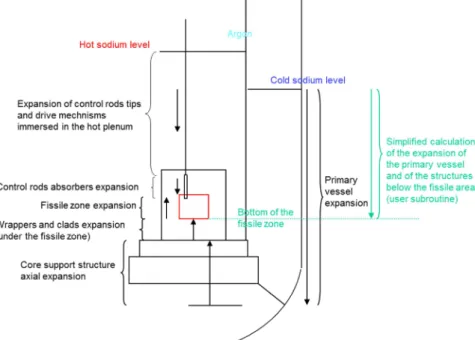 Figure 3: Representation of differential expansion of the primary vessel, the core support, the  structures under the fissile zone, the fissile column, the absorbers, the rods tips and 