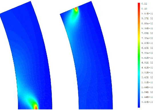 Figure 10 : Plastic strain distributions calculated at the end of the REP-Na8 in case the blister crack is situated  in front of the plane of fracture (left) or the plane of symmetry (right) of the pellet fragment