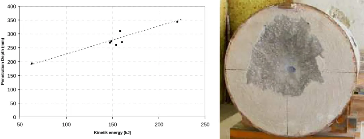 Fig. 5 : Penetration depth versus initial kinetic energy and front face of target after shot (V i =227 m/s) 