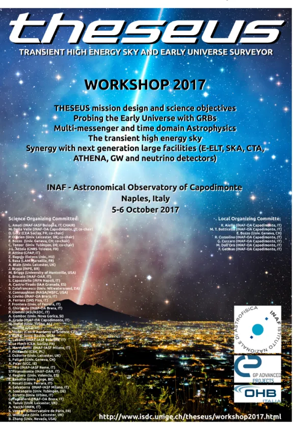 Fig. 9. Poster of the THESEUS Workshop 2017, showing the composition of the SOC and the LOC, as well as the main topics addressed during the Workshop.