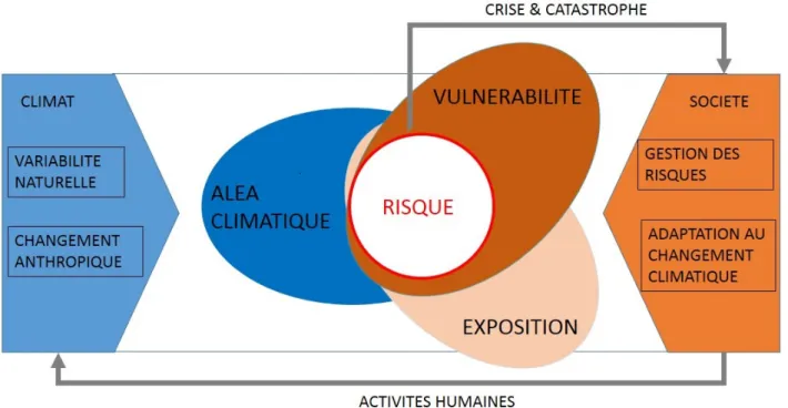 Figure 1 : Description du risque climatique et de la relation entre changement climatique (couleurs  bleues) et adaptation de la société (couleurs orange)