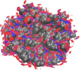 Figure 5. Hydration profile of the protein 4m7g as calculated by molecular dynamics (blue) and MDFT (red)