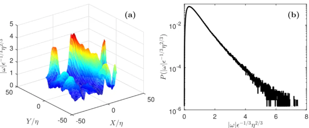 Figure 9. Non-dimensional vorticity magnitude (a) and PDF of non-dimensional vorticity magnitude (b) in the experiment CONC-3D