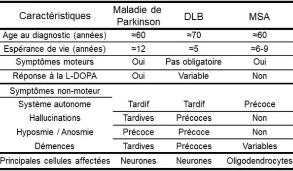Tableau  3 :  Comparaison  des  principales  caractéristiques  des  maladies  parkinsoniennes