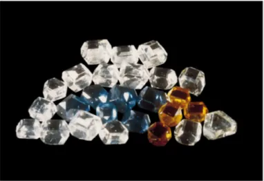 Figure I.3 – Photographie de cristaux de diamants synthétisés par la méthode HPHT, type Ib (orange, dopé à l’azote), type IIa (incolore, intrinsèque), type IIb (bleu, dopé au bore) , mesurant de 0,5 à 1,8 carat [16]