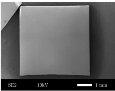 Figure II.11 – Image MEB du dépôt d’iridium réalisé sur un substrat de SrTiO 3 massif découpé par la méthode optimisée (découpe laser et clivage)