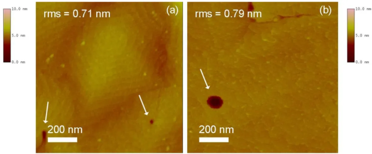 Fig 3.9 AFM image of samples InN/GaN/sapphire with Φ N  = 9 nm/min: (a) R374 (t InN  = 156 nn)  (b) R338 (t InN  = 305 nm)