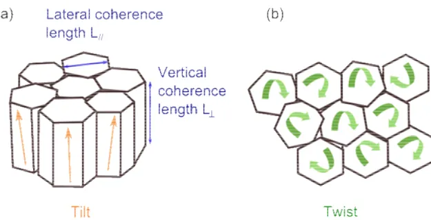 Fig 1.6 A mosaic layer structure with the four characteristics parameters: (a) lateral and vertical  length, and tilt (b) twist