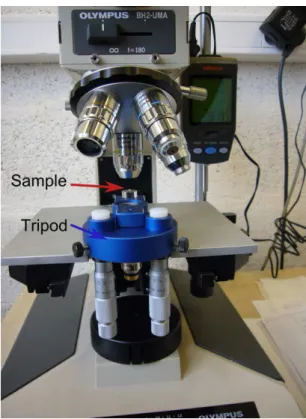 Fig 2.10 Tripod used for the sample preparation.                   Fig 2.11 Sample glued on a copper ring