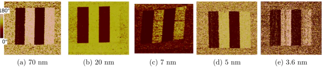 Figure 3.8: PFM phase images for every thickness after the writing process.