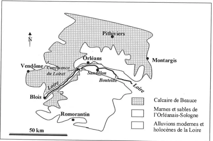 Figure  1.4:  Zones  d'affleurement  des  formations  géologiques  dominantes  du bassin  de la Loire  en  région  centre  (Extrait  de  lo  Carte  Géologique  de lo  France  à  Iil  000  000  -  6ème