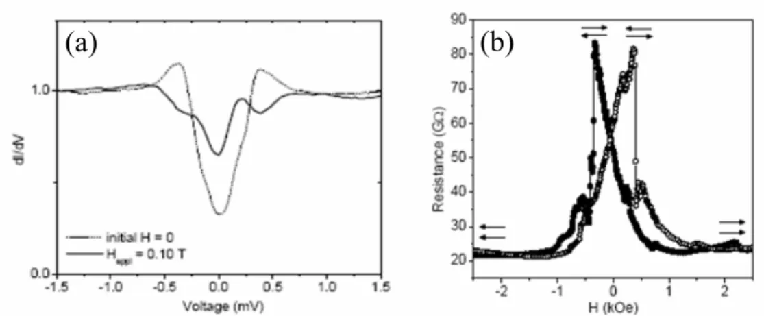 Fig. 2.11: SPT experiments with EuO. (a) dI/dV curves in a Al(4.5 nm)/EuO(4.5 nm)/(5 nm)Y/Al(10 nm) tunnel junction at zero magnetic field and at H = 0.10 T