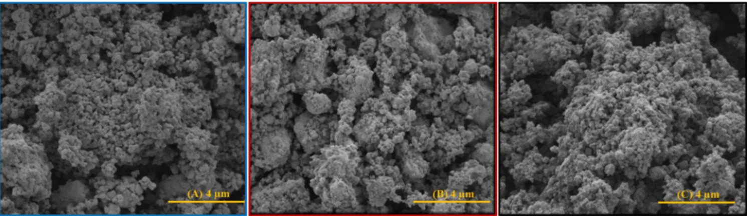 Figure 11. Micrographies MEB des oxydes mixtes broyés pour les différents systèmes étudiés :  Th 0,25 U 0,75 O 2  (A); Th 0,75 U 0,25 O 2  (B) et U 0,75 Ce 0,25 O 2  (C) 