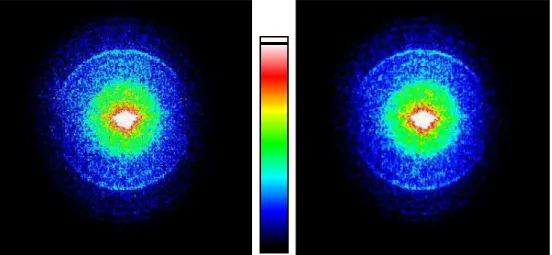 Figure 1.3 – A gauche image récoltée en imagerie de vitesse de PE de l’oxygène ionisé à 265 nm, à droite l’image corrigée.