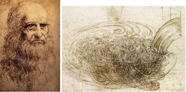 Figure 1.5: Leonardo di ser Piero da Vinci and his drawing of a turbulent flow generated by water falling into a pool.