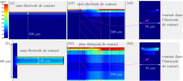 Fig. 3.9: Distribution du courant pour diff´ erentes g´ eom´ etries de la stripline. La fr´e- fr´e-quence du courant micro-onde est de 10 GHz