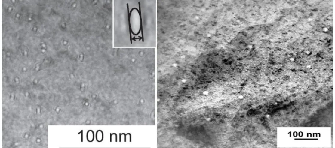 Figure 1-20 : Micrographie MET en champ clair de traces de fission induites dans UO 2  (a)  par des ions Xe 14+  210 MeV et à 5x10 11   Xe.cm -2   [98], et (b) par des ions U à 1300 MeV à  5x10 10  U.cm -2  [42]