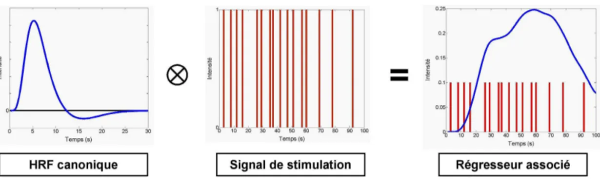 Figure 2.10  Construction d'un régresseur par convolution du signal de stimulation avec la fonction de réponse hémodynamique canonique
