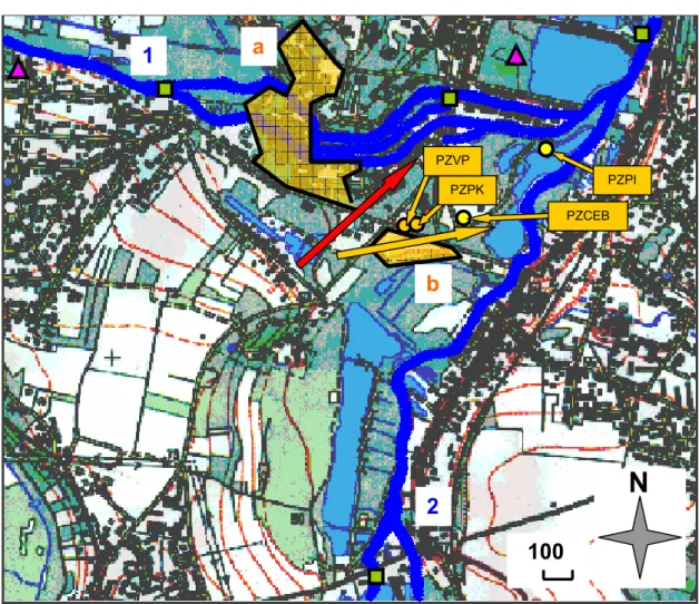 Figure 4 : Plan du site avec la localisation des points de prélèvements. La zone de l’ancienne usine,  notée a, et celle de la déposante, notée b, sont représentées en jaune