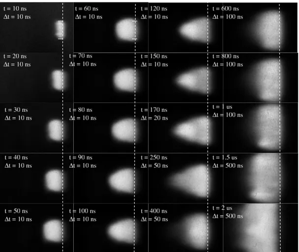 Fig. 4.1 - Images du plasma réalisés dans l’argon à 1 bar à différents temps (t 6 100 ns).