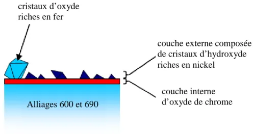 Figure 1.1 : Schématisation de la couche d’oxyde formée sur les alliages 600 et 690 corrodés  en milieu aqueux (composition indiquée dans le tableau A.1.1 figurant en annexe 1) à 325°C, 