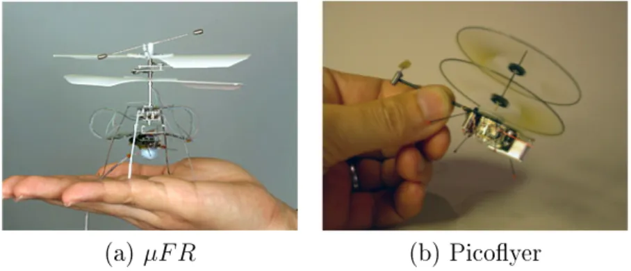 Figure 2.1  Les plus petits hélicoptères mesurent seulement quelques centimètres. (a) le µF R (Micro Flying Robot) d'Epson, (b) le Picoyer développé par Proxyer.