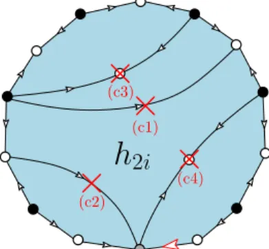 Figure 8. A schematic picture of a map enumerated by h 2i indicating the edge connections forbidden by the constraints (c1)-(c4) of the text