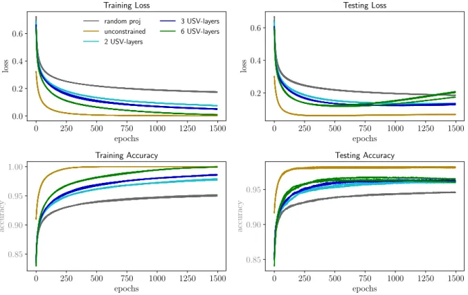Figure 6: Training and testing curves for the training of a two-layer neural net on the classification of MNIST for different constraints on the first layer (further details are given in Section3.2)