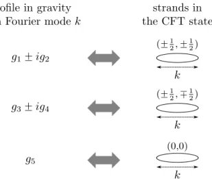 Figure 4: The state/geometry dictionary for more general 1/4-BPS states. The Fourier components of profiles g A with mode number k in gravity (shown on the left) correspond to the strands in the CFT states with length k with specific values of the R-charge