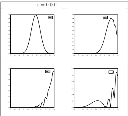 Figure 8: Modulus of the solution u(t) of the linear Schr¨ odinger equation (3.50) at time : t = 5, 510 −2 (A), t = 0.3 (B), t = 0.8 (C), t = 1.2 (D) for ε = 0.001 by using the Neumann boundary condition.