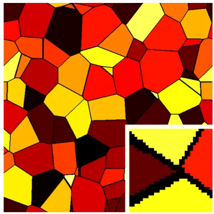 Figure 12: Example of a virtual microstructure (2D slice). Bottom-right: region around a triple-line showing the voxel-discretized binder (8 × magnification).