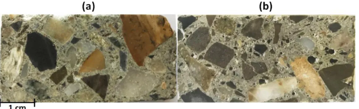 Figure 1: Photo of a section of L (a) and S (b) concretes. Scale is given bottom left of (a)