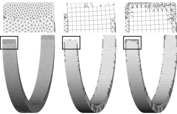 Figure 8: The quad dominant mesh computed from the input mesh (left) without (middle) and with (right) control of the symmetric Hausdorff distance.