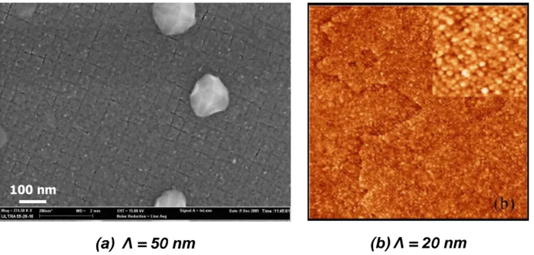 Figure III-8 : (a) Image MEB de la surface après une croissance de 1 nm de Ge sur une surface  nanostructurée  Y7  de  périodicité  Λ   =  50  nm,  et  (b)  image  STM  (1  x  1  µm²)  de  la  surfac e  après  une croissance de 0.8 nm de Ge sur une surface