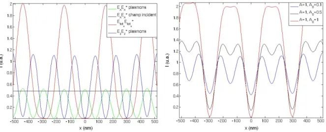 Fig. 2.6: Prols de champ dans la zone d'interferences dans le cas de l'excitation de plasmons contrapropagatifs diriges selon une seule direction de l'espace