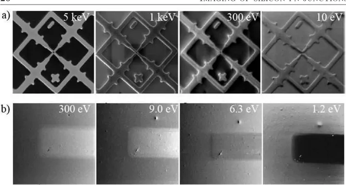 Figure 1.10: SLEEM images: a) patterned 80 nm Pt layer on Si and b) P