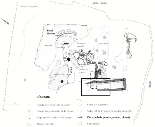 Figure I-6 : Plan général du site de Glinet : trait plein = zone d'analyse du milieu, pointillés = zone de  prélèvement d'objets [26] 