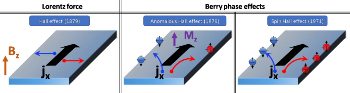Figure 1.15 – a) Schematic representation of the different Hall effects: a) Ordinary Hall Effect, b) Anomalous Hall Effect and c) Spin Hall Effect.