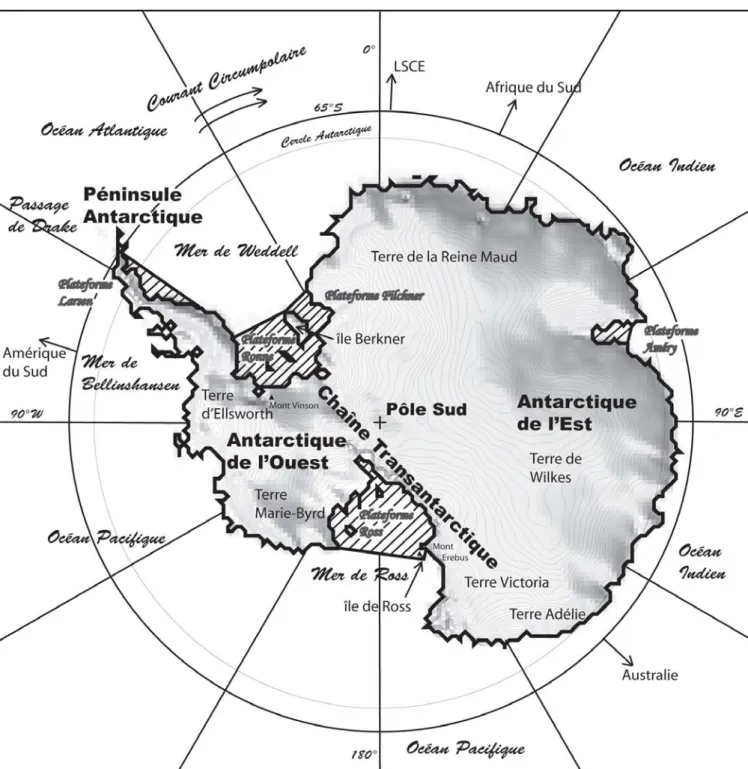 Fig. 0.0.1: Carte g´ en´ erale de la g´ eographie en Antarctique. Le relief est not´ e par les isolignes tous les 100 m