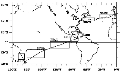Figure 2.1.3 :  Localisation des observations effectuées lors des campagnes GeP&amp;CO (pointillés), et   régions océaniques étudiées (encadrés) avec du Nord au Sud et d’Ouest en Est, la province Nord  Atlantique     du   drift   (NADR),   de   l’Est   (NW
