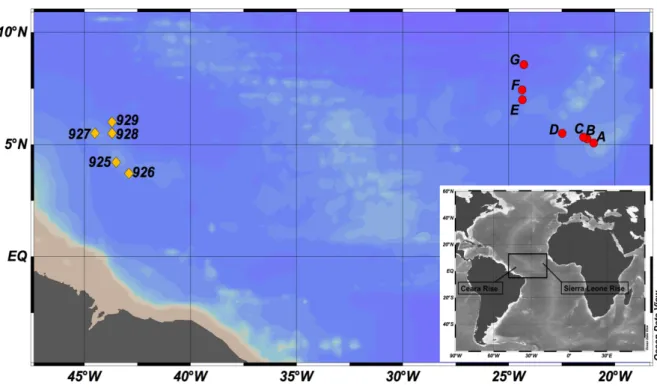 Table   7   :  Location    and    depth    (m)    of    sampling    sites.    The    carbonate    ion    composition    of    bottom    waters    (µmol.kg sw-­‐1 )    is    estimated    using    the    GLODAP    data    base    (see    section    2.4    : 