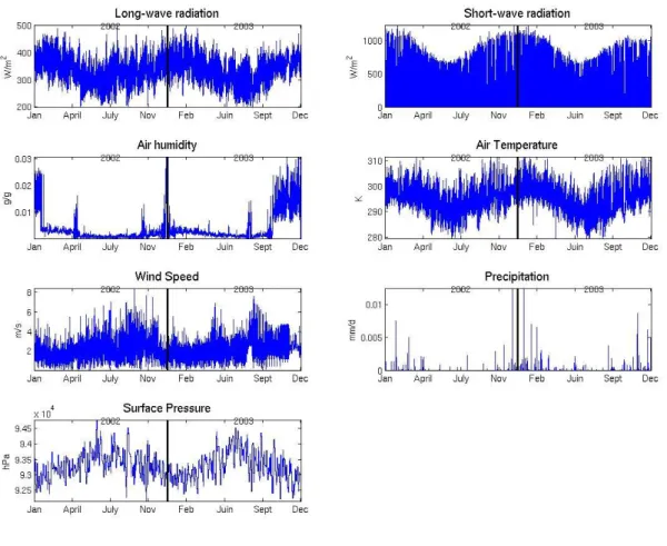 Figure 2. 7. Time series of forcing variables for FLUXNET Kruger Park from 2002 to 2003