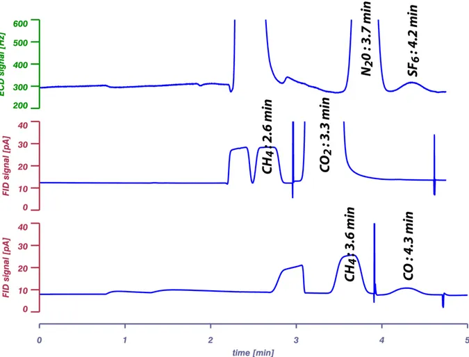 Figure I.3:  Chromatogrammes typiques lors de l'analyse du N 2 O &amp; SF 6 , CH 4  &amp; CO 2 , CH 4  &amp; CO
