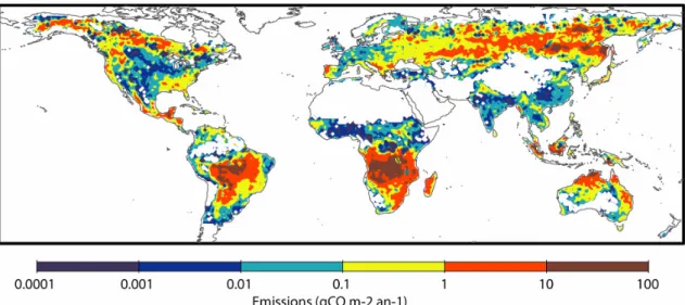 Figure 1.3. Carte des émissions de CO par les feux de forêts cumulées de mai à septembre  moyennées entre 1997 et 2007 (GFED v2 ; van der Werf et al., 2006)