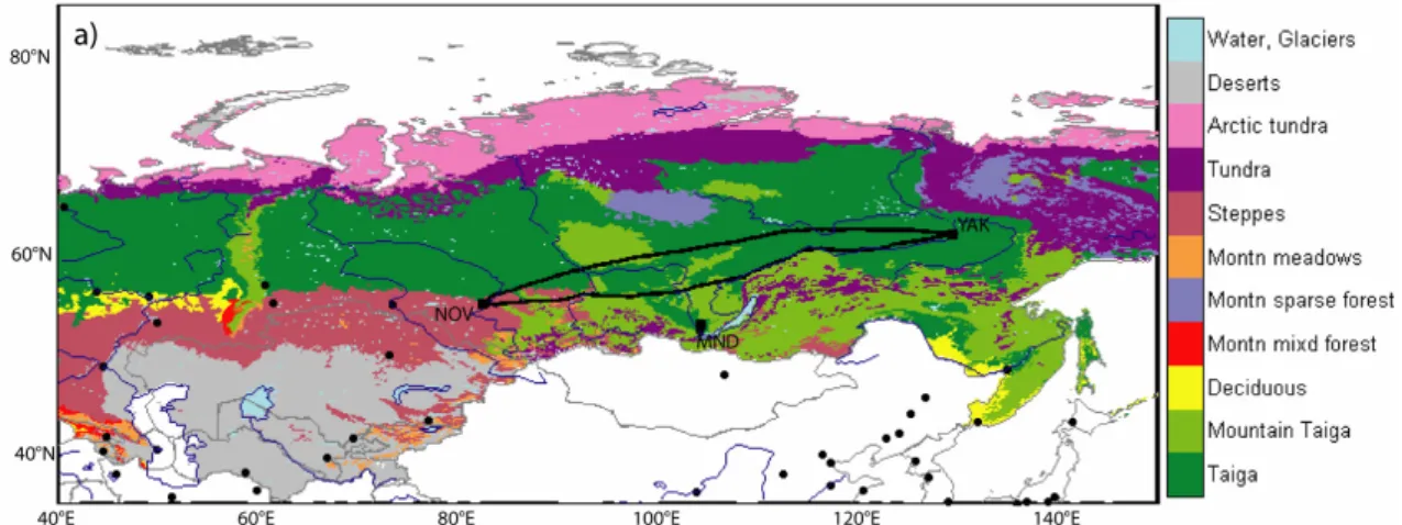 Figure 2.2. Types de végétations en Sibérie autour de l’itinéraire des campagnes YAK-AEROSIB