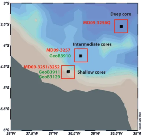 Figure  1.4 :  Map  of  the  North  Eastern  Brazilian  margin.  Names  of  RETRO3  cores  are  written  in  red  and  names of M34/4 cores in green. 