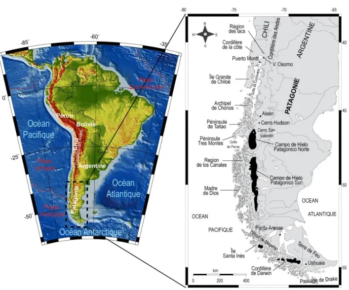 Figure 1.1: Situation géographique de la Patagonie Chilienne en Amérique du Sud. 